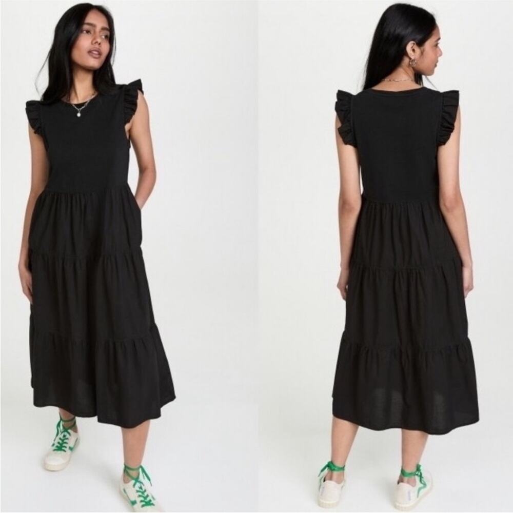 NATION LTD Sissy Ruffled Black Dress Tiered Midi Sundress size Small